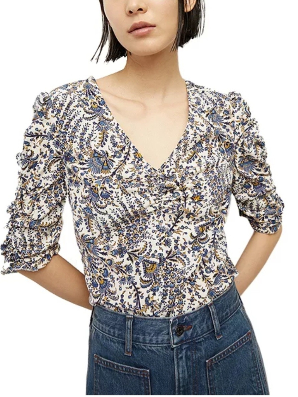 Veronica Beard Floral Henrieta Ruched Sleeve Silk Blouse